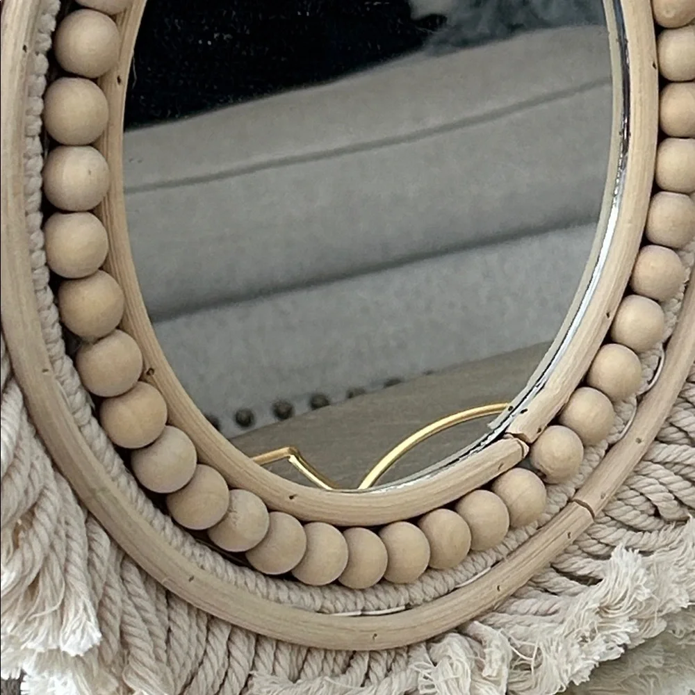 NEW! Vintage Inspired Cream Bohemian Macrame & Wood Beaded Fringe Wall Mirror